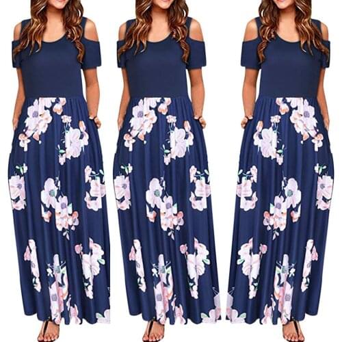 Women' Cold Shoulder Pocket Floral Elegant Maxi Short Sleeve Casual Dress Holiday Dresses Autumn Spring Short Dresses#g3