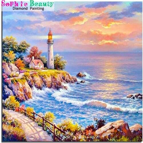 5D Diamond Embroidery Lighthouse Scenery Diamond Painting Kit Cross Stitch Seaside Rhinestone Pictures Crafts Art 20A041