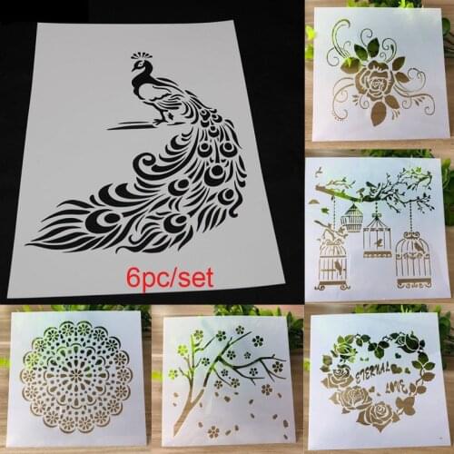 6pc Peacock Stencil Bullet Journal Accessories Rose Painting Template DIY Scrapbooking Decor Office School Supplies Reusable