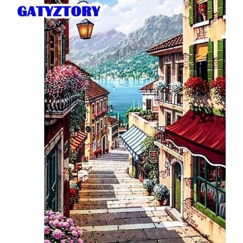GATYZTORY 5D Diamond Painting Full Square Cartoon Round Diamond Art Embroidery Houses Street Decor Mosaic Handmade Gift40x50CM