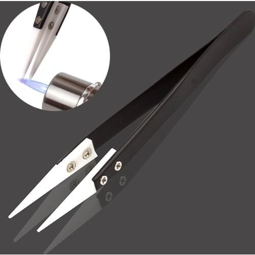 Anti-static Tweezers Ceramic Tweezers with Stainless Steel Handle Straight Aimed Tweezers Heat Resistant Tweezer Silver Black