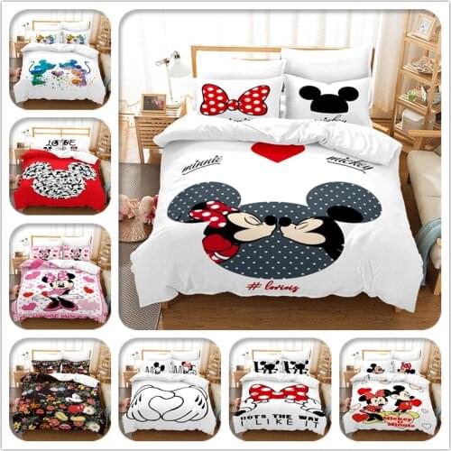 Black and White Disney Mickey Mouse Bedding Set Couples Minnie Mouse Bed Comforters Cover Set King Duvet Cover with Pillowcase