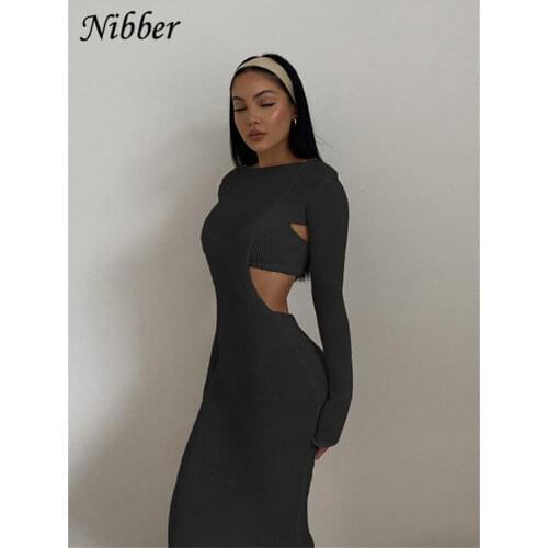 Nibber Sexy See Through Solid Knit 2 Two Piece Set Women Short Camisole And Hollow Out Maxi Dress Autumn New Matching Suit