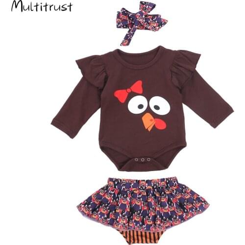 Infant Baby Girls Thanksgiving 3-piece Outfit Set Ruffles Long Sleeve Bodysuits+Skirt Shorts+Headband Set 3PCS