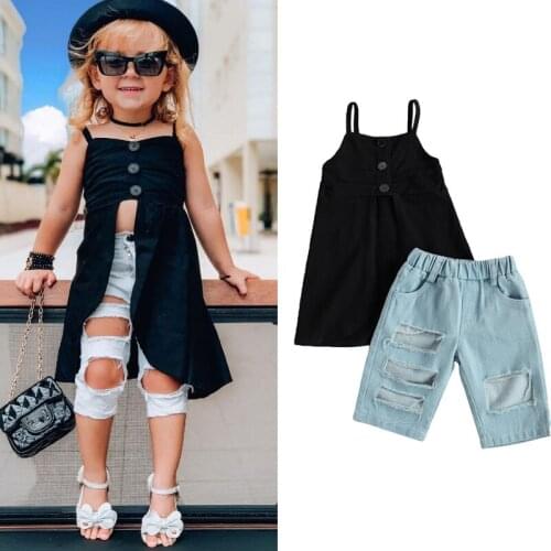 Lioraitiin 2-7Years Toddler Baby Girl Fashion 2Pcs Clothing Set Sleeveless Solid Black Top Dress Hole Demin Pant Summer Clothes