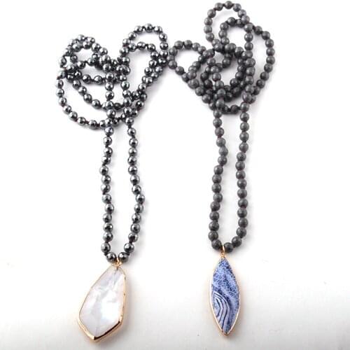 MOODPC Fashion Bohemian Jewelry 6mm Hematite Stone Knotted Pendant Necklaces For Women Ethnic Necklace