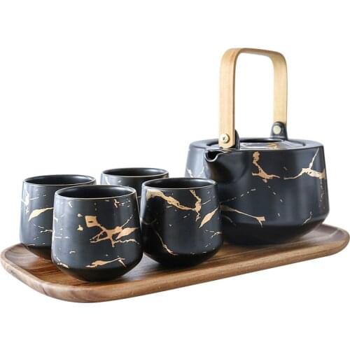 Marbling Household Tea Set Japanese-Style Black and White Ceramic Afternoon Tea Cup with Acacia Mangium Base Support Teapot