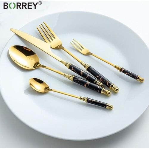 BORREY 5/30Pcs Stainless Steel Flatware Set Gold Cutlery Dinner Steak Knife Fork Coffee Spoon Metal Cutlery With Ceramic Handle