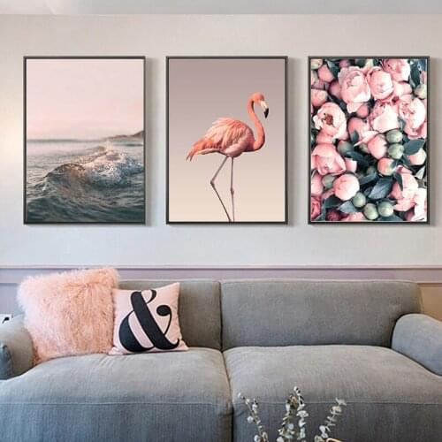 Nordic Flamingo Flower Wall Art Canvas Poster Pink Minimalist Print Painting Scandinavian Decoration Picture Living Room Décor