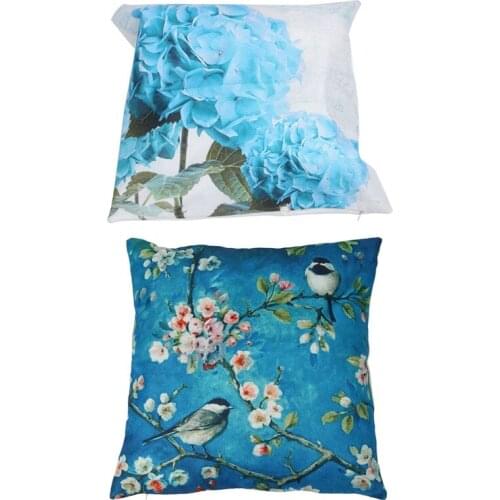 New 2 Pcs Car Sofa Cushions Pillowcase Cherry Blossom Branch Bird & Teal Hydrangea