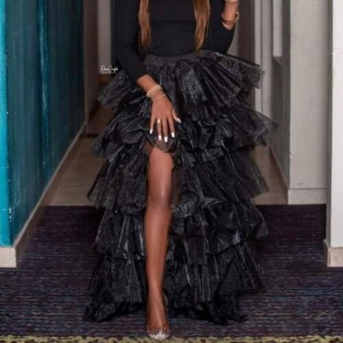 New Arrival Black Ruffles Tiered Split Tulle Skirts Women Sexy Long Tulle Skirt To Wedding Party Skirt Summer Bottom