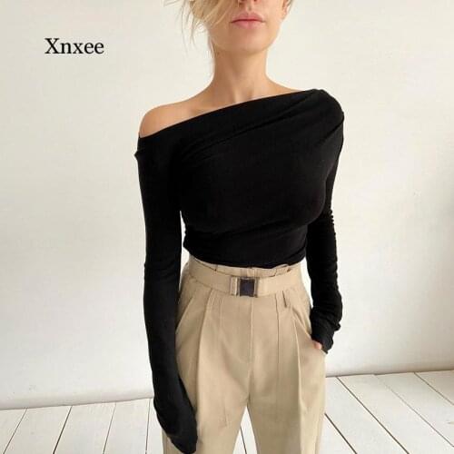 2021 Solid Female Tee Pullover Sexy Off Shoulder Knit Ruched Top Woman t Shirt Full Sleeve Spring Slim Casual Clothing Blouses