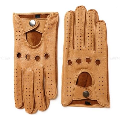Deerskin Gloves Men Fashion 100 percent Genuine Leather Soft Mittens Male Black/Yellow Punch Holes Driving Luva Guantes Ciclismo