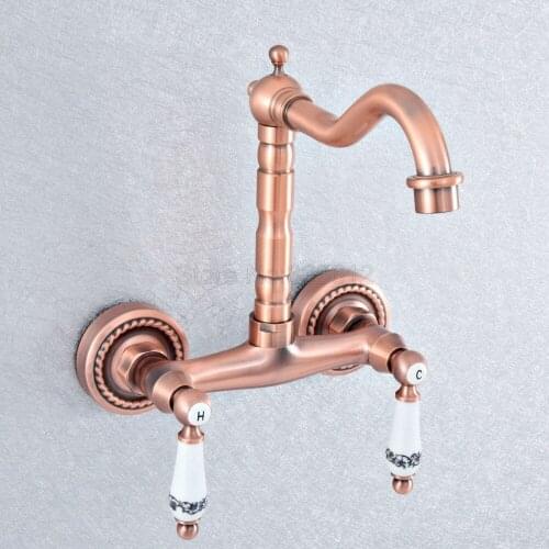 Antique Red Copper Brass Wall Mounted Dual Handles Kitchen Sink Faucet Bathroom Basin Mixer Taps Swivel Spout tsf888