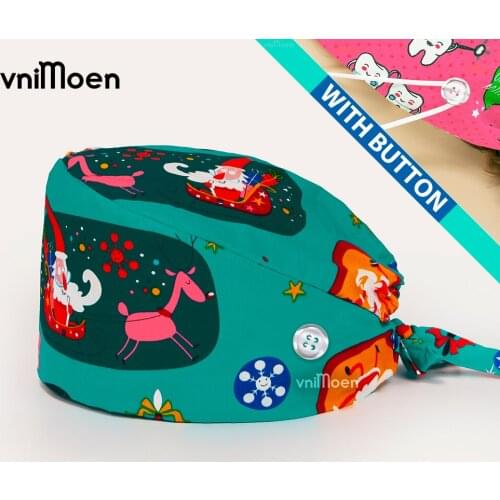 Christmas hat scrub cap Adjustable Working Cap with Button Long Hair Sweatband Cotton Ponytail Holder Tie Back Hat for Women Men