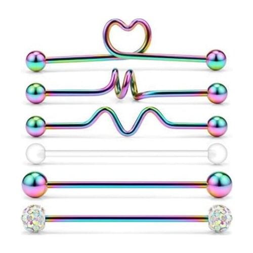 6PC Long Stainless Steel Industrial Piercing Ear Cartilage Plug Tunnel Jewelry Earring Straight Ear Barbell Jewelry