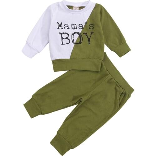 2021 0-3Y Casual Kids Baby Autumn Clothes MAMA BOY Letter Print Patch Long Sleeve Sweatshirt+Green Solid Pants Tracksuit 2pcs