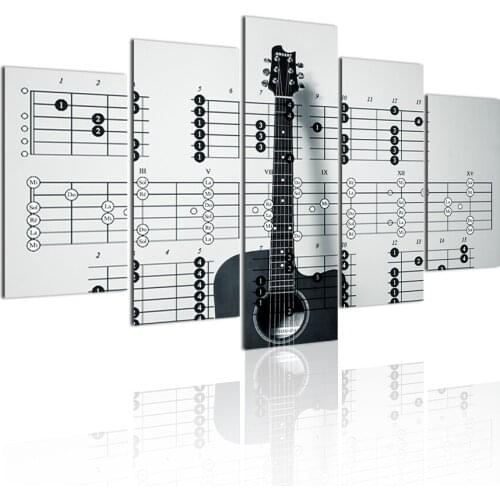 Vintage Black White Guitar Instrument 5 Panels DIY Wood Frame Canvas Painting Poster Wall Art Print Picture Bedroom Home Decor