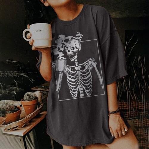 2021 Harajuku Drop Shoulder T-shirt Women Tea-drinking Skull Skeleton Funny Tee Half Plus Size Hip Hop Summer Punk Clothes