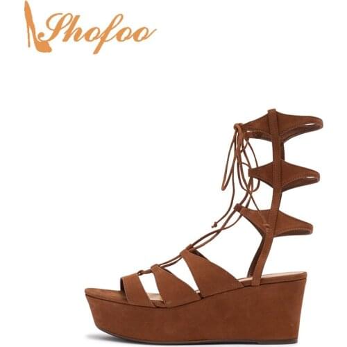 Brown Gladiator Platform High Wedge Heels Sandals Women Wraparound Lace Up Large Size 12 16 Ladies Fashion Mature Shoes Shofoo