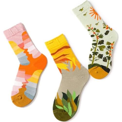 Womens socks Harajuku Art Flower Tree Bird Oil Painting Pattern European and American Trend Street Skateboard Sports Socks