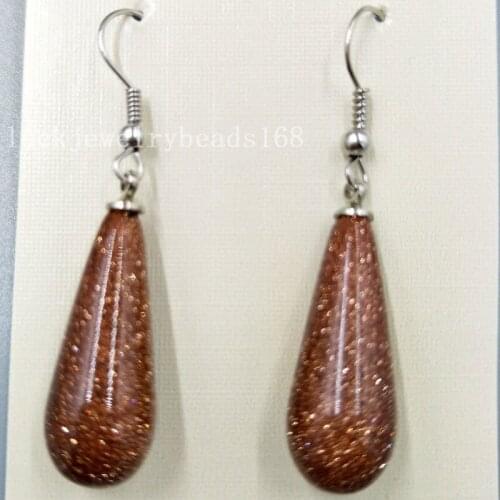 Free Shipping Women Fashion Jewelry 10x29mm Gold Stone Water Drop Women Bead Dangle Earrings Pair C5110