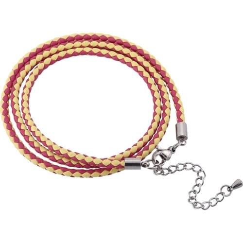 Women Jewelry Yellow & Rose Red Braided Leather Charm Bracelet Handmade Multilayer Wrap Bracelets Length Adjustable SP0541