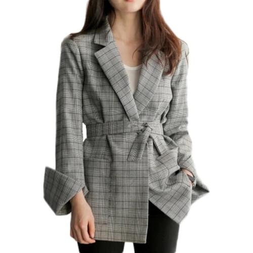 2019 New Autumn Women Gray Plaid Office Lady Blazer Fashion Bow Sashes Split Sleeve Jackets Elegant Work Blazers Coat Feminino