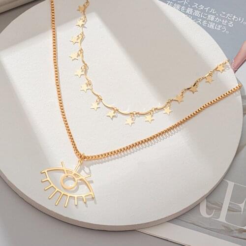 2021 New Bohemian Multi Layered Necklace For Women Vintage Star Moon Big Eyes Golden Metal Pendant Necklace Geometric Collares