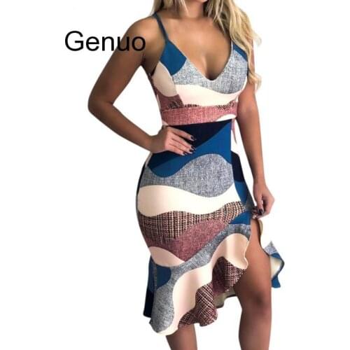 Sexy V Neck Sleeveless Sling Irregular Hem Ruffled Wrap Hip Women Dress Holiday Slim Waist Fashion Daily Printed Gift Party