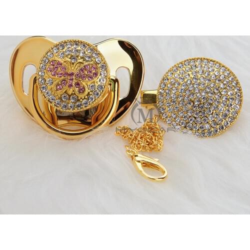 MIYOCAR gold pink bling butterfly Bling pacifier and clip set pacifier chain holder pacifier unique design APBF-8
