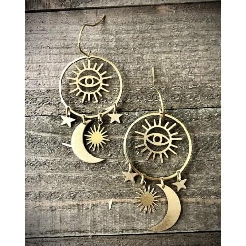 Gold Moon Stars Earrings / Gold Crescent Star Dangles / Crescent Moon Earrings / Celestial Earrings / Seeing Eye Earrings