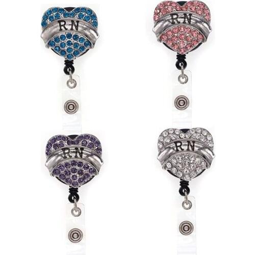 10pcs Mix Colors Registered Nurse Retractable Badge Reel Heart Shaped RN For Doctor Gift ID Badge Holder Rhinestone 4 Colors