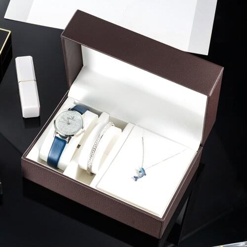 3Pcs/set Fashion Watches Gift Box Set for Women Blue/Silver Band Simple Design Quartz watches and Titanium Bracelet Necklace hot