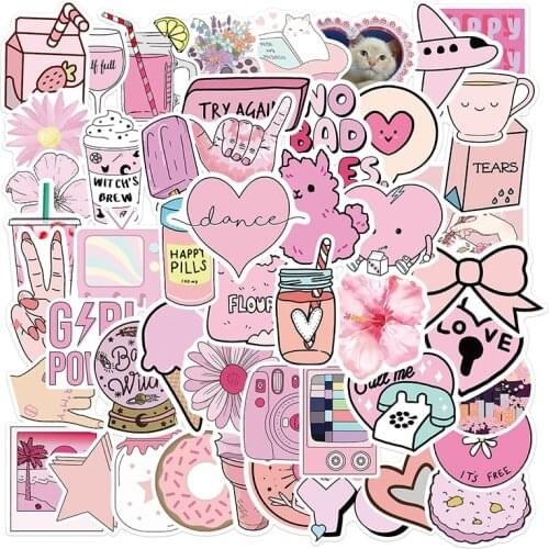 50pcs Cartoon Kawaii Pink Stickers Pack For Girls Luggage Skateboard Bicycle Backpack Laptop Notebook Graffiti Decal