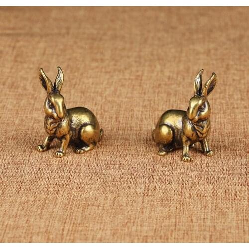 Antique Copper Zodiac Cute Rabbit Statue Ornaments 1 Pair Vintage Solid Brass Animal Miniature Figurine Tea Pet Desk Decoration