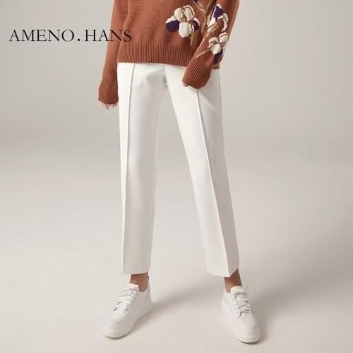 Fashionable women long white pants elegant office lady elastic waist straight pencil trousers