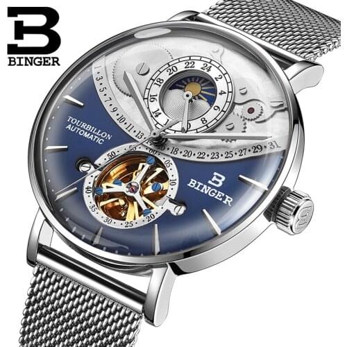 Original BINGER Brand Men watch steel leather automatic mechanical moon phase waterproof cruve surface Tourbillon design dial