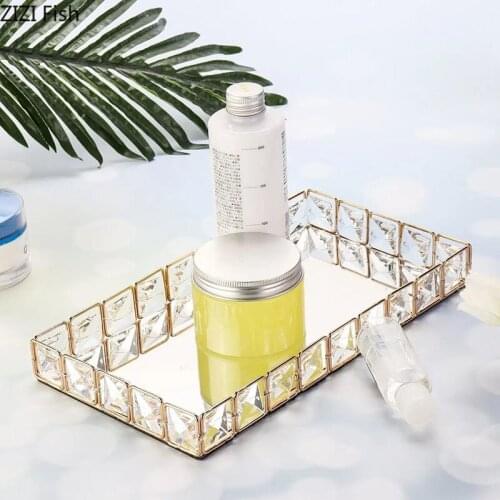 Nordic Rhinestone Trays Decorative Glass Mirror Tray Coffee Table Tray Dressing Table Cosmetic Containers Jewelry Display Plate