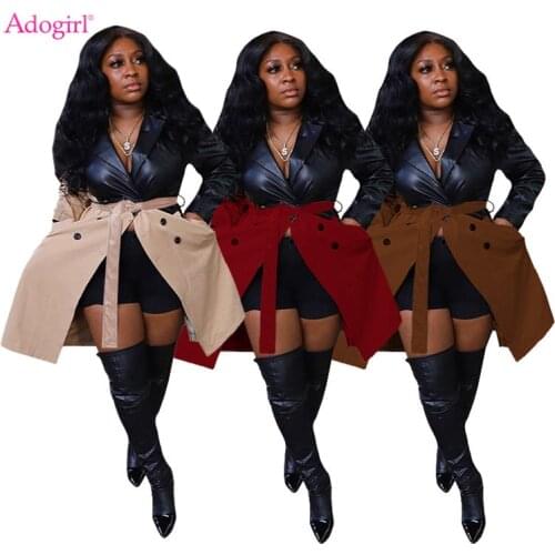 Adogirl Faux PU Patchwork Long Jacket With Belt S-3XL Fall Winter Long Sleeve Thick Windbreaker Coat Outdoor Office Lady Outfits