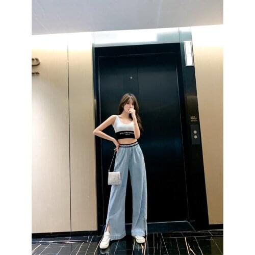 2020 New Arrivals Summer Chic Fashion Casual Straught Loose High Waist Deep Blue Cool All Match Muti Colors Banadge Long Pants