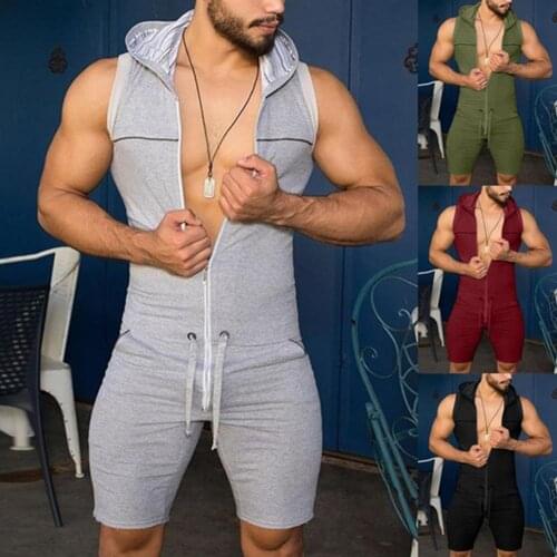 Home Clothes Men Casual Solid Color Sleeveless Jumpsuit Pockets Short Pants Hooded Romper Comfortable Jumpsuit Men Sleepwear