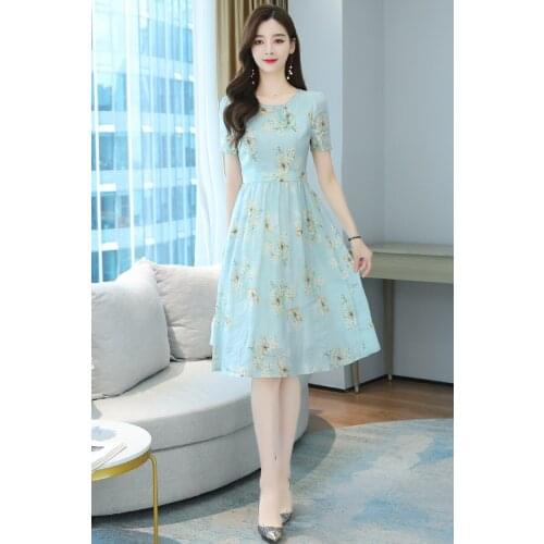 Korea Chic Elegant Temperament O-Neck Small Floral Waist Slimming Short sleeve Dress Improved cheongsam skirt