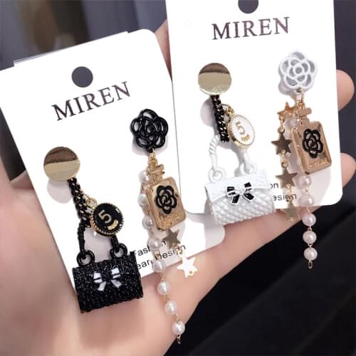 Camellia Enamel Number 5 Perfume Bottle Drop Earrings Women Handbag Tassel Pearl Earrings Wedding Brand Jewelry Z079