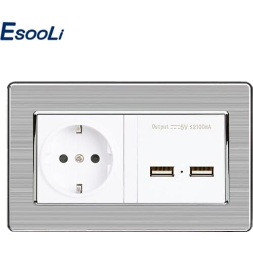 Esooli EU Standard Wall Power Socket With Dual USB Smart Induction Charge Port For Mobile 5V 2.1A Stainless Steel Panel