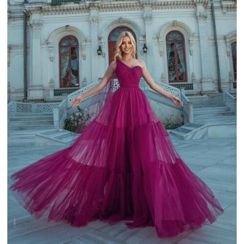 Fuchsia One Shoulder Prom Dress A Line Tulle African Plus Size Women Party Dresses Formal Evening Gowns