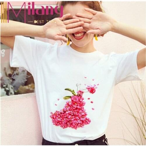 Red Rose Skirt Printed T-shirt Women Floral Illustration Ladies 2021 Fashion T-shirt Ladies Harajuku T-shirt Summer Top T-shirt