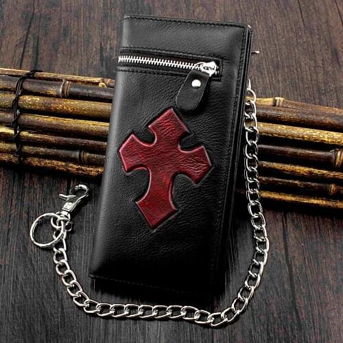 Steampunk Gothic Cross Biker Real Leather Long Wallet With Metal Chain