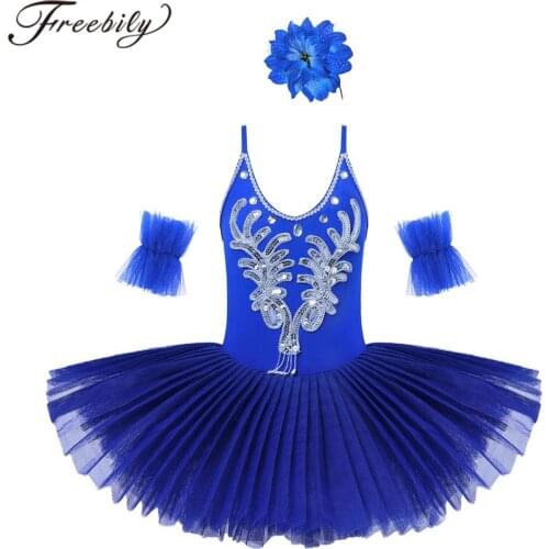 Kids Shiny Sequins Dance Gymnastics Ballet Leotard Tutu Dress Girls Swan Dance Costume Set Stage Performance Ballerina Dancewear