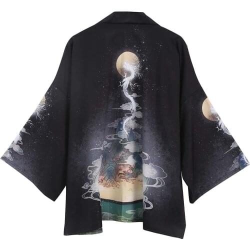 Summer Japanese dragon robe shirt Hanfu seven-point sleeve kimono cardigan mens fat shirt thin cool sunscreen clothes